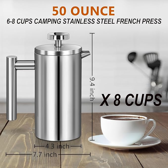 Large French Press Coffee Maker 50oz (1.5L), 304 Stainless Steel Double Wall Insulated Tea Press for Camping, Backpacking, Party, Travel, Gift Set, Dishwasher Safe (Silver, 6-8 Cups)