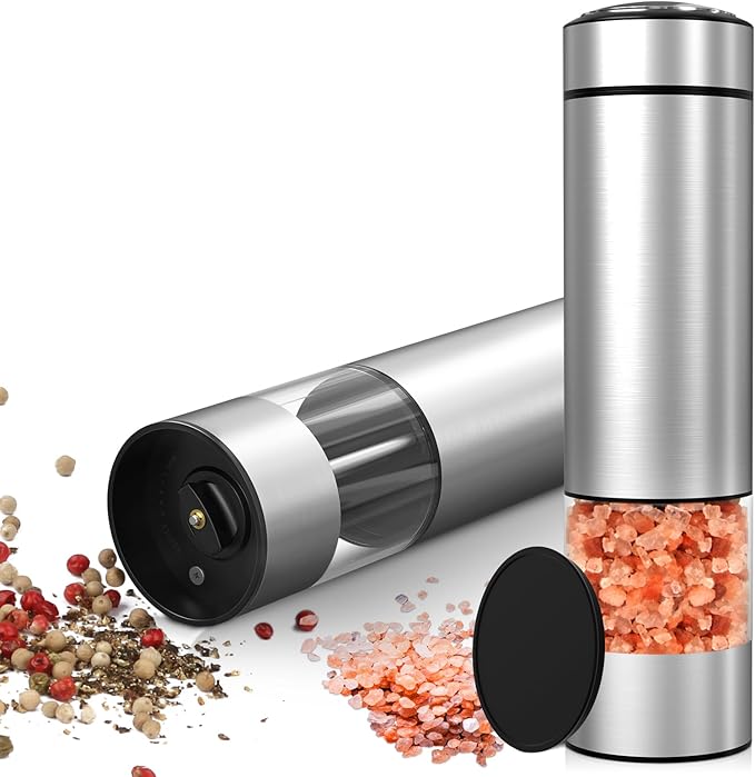 innhom Electric Salt and Pepper Grinder Set Battery Operated Stainless Steel Salt Grinder Pepper Mill Automatic Salt and Pepper Grinder Set with Adjustable Coarseness