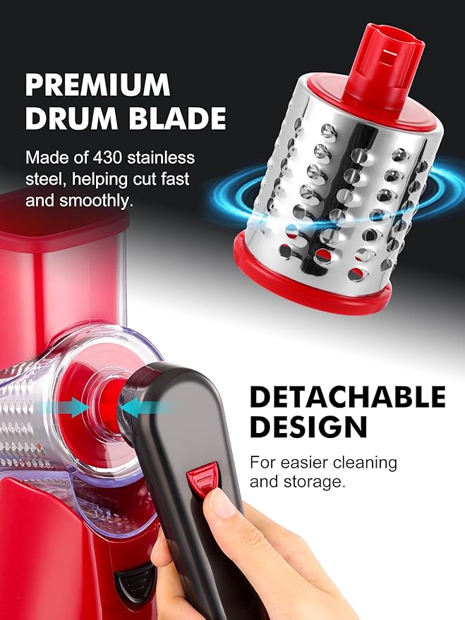 Rotary Cheese Grater with Handle - 3 in 1 Cheese Shredder Rotary Grater Stainless Steel Handheld, Vegetable Slicer for Fruit, Cheese, Nuts(Red)
