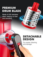 Rotary Cheese Grater with Handle - 3 in 1 Cheese Shredder Rotary Grater Stainless Steel Handheld, Vegetable Slicer for Fruit, Cheese, Nuts(Red)
