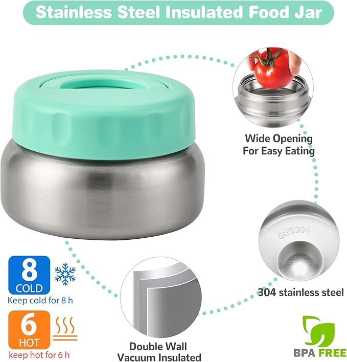 Bento Lunch Box with 9.5 oz Soup Thermo, Kids Leakproof 4 Compartments Bento Box with Silicone Cupcake,Fruit Fork,Spoon and Sauce Cup,Insulated Food Jar for School Travel-Green