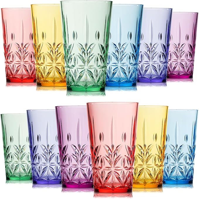 Royal Plastic Drinking Tumbler, Premium Quality Water Glasses, Dishwasher-Safe BPA-Free Durable Mixed Colors Assorted Stackable Cups, 18 oz Set of 12