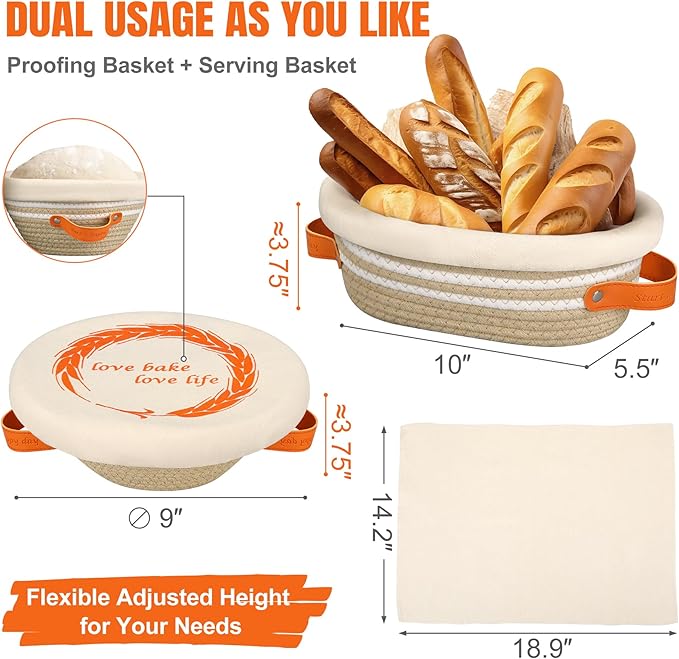 HASHMUST Banneton Bread Proofing Basket Set, 9 Inch Round & 10 Inch Oval Cotton Rope Proofing Bowls with Liners Covers & 14x19 Inch Thick Baguettes Cloth, Sourdough Dough Loaves Baking Supplies Gifts