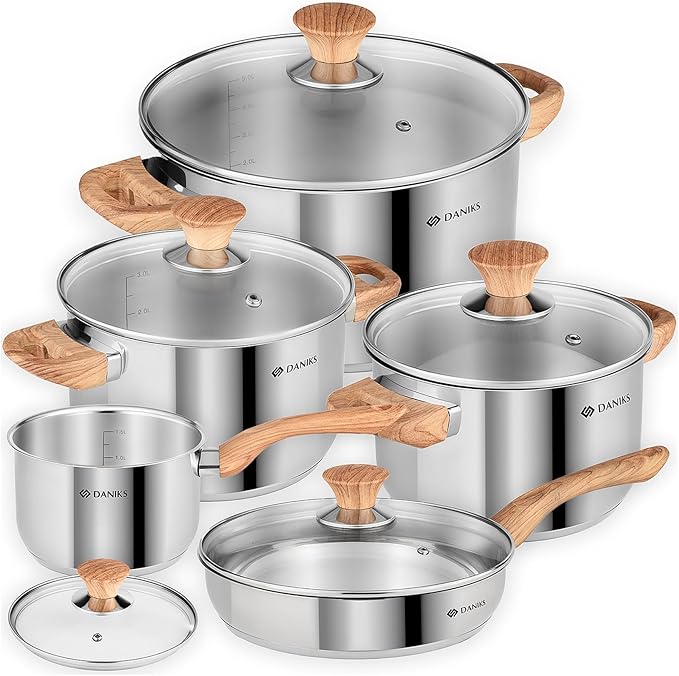 Daniks Oslo 10-Piece Stainless Steel Induction Cookware Set – Dishwasher Safe Saucepan, Frying Pan, Pots with Stay-Cool Handles, Glass Lids, Silver