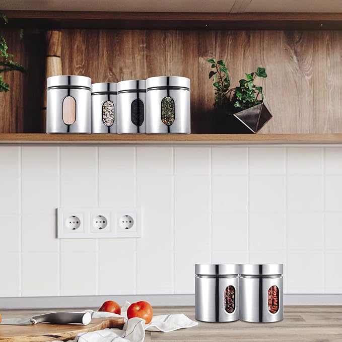 6 Pack Kitchen Canisters Set Airtight Coffee Sugar Tea Candy Storage Jars with Window Glass Stainless Steel Containers with Lids for Flour Cookies Spices Grains Kitchen Decorations(20 oz)