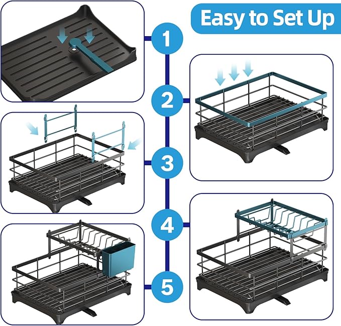 Dish Drying Rack for Kitchen Counter 2 Tier – Large Large Stainless Steel Dish Drainer with Drainboard & Utensil Holder, Bowl Rack，Easy Stallation Quick Drying Black Dish Rack Organizer,1-Pack