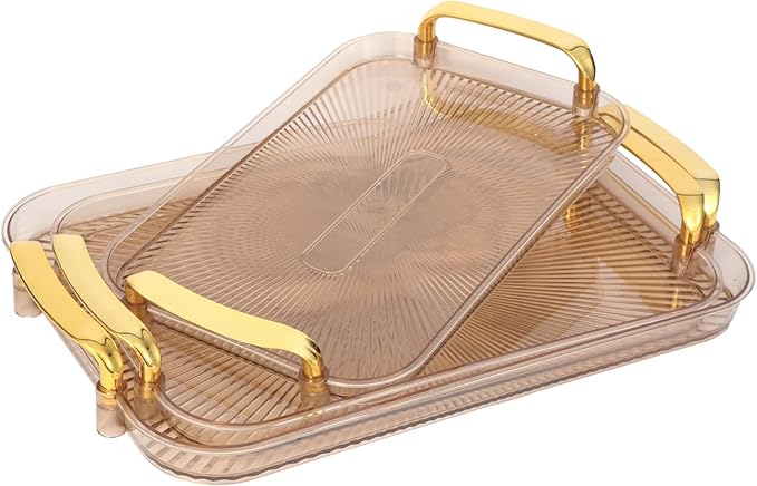 Set of 3 Serving Platters with Handles 16.5/15/13.2 Inch Reusable Large Serving Trays, Party Food Tray, Rectangular Dinner Plates for Cookie, Cake, Turkey, Cheese, Fruit, Snack(Amber)