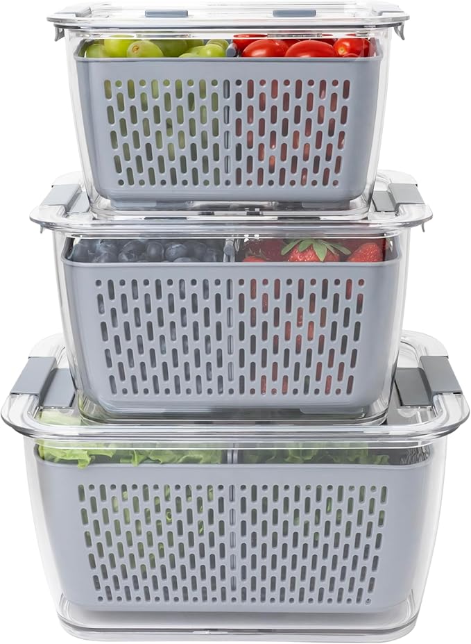 Kitchen Spaces Stackable Fridge Storage Colander Containers for Fresh Produce, Variety Pack, 3 Sizes to Organize Washed Fruits and Veggies, Snap and Seal Lids with Adjustable Vents, Hand Wash Only