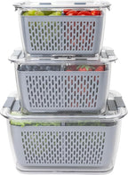 Kitchen Spaces Stackable Fridge Storage Colander Containers for Fresh Produce, Variety Pack, 3 Sizes to Organize Washed Fruits and Veggies, Snap and Seal Lids with Adjustable Vents, Hand Wash Only