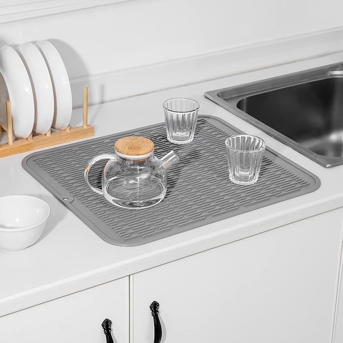 Silicone Dish Drying Mat for Multiple Usage,Easy clean,Eco-friendly,Heat-resistant Silicone Mat for Kitchen Counter or Sink,Refrigerator or Drawer Liner Grey 2XL 24 inches x 18 inches