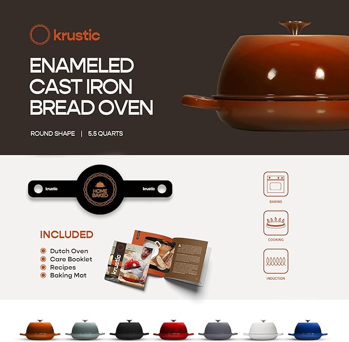 Enameled Cast Iron Dutch Oven for Sourdough Bread Baking | 6 Quart Pot with Lid | 10 Inch Ceramic Enamel Thick Coated Cookware Set with Non Stick Silicone Baking Mat for Cooking | 6 Qt |