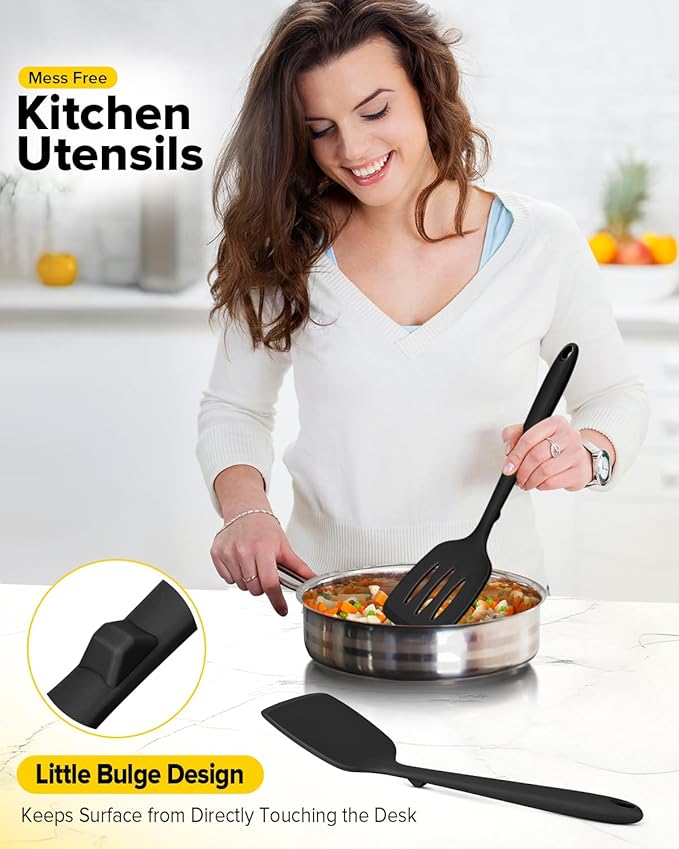 Pack of 2 Silicone Spatula Turners, Non Stick Slotted Kitchen Spatula Set, Heat Resistant BPA Free Kitchen Utensils, One-Piece Design, Suitable for Flipping Fish, Eggs, Steak, Pancakes(BLACK)