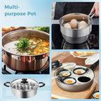 Egg Poacher Pan Nonstick 4 Eggs, Poached Egg Cooker, Poached Egg Pan, Stainless Steel Egg Poacher, Includes Stainless Steel Pot, 4 Cups, Silicone Brush & Spatula, Suitable for Multiple Stove Types