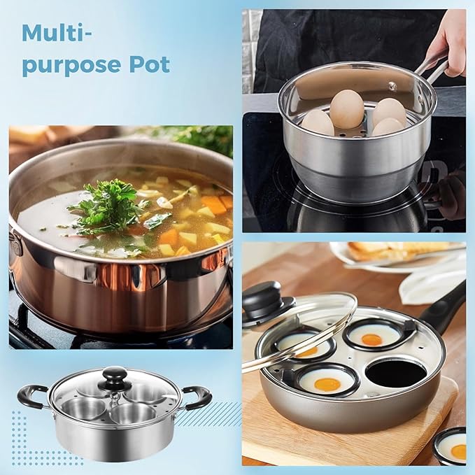 Egg Poacher Pan Nonstick 4 Eggs, Poached Egg Cooker, Poached Egg Pan, Stainless Steel Egg Poacher, Includes Stainless Steel Pot, 4 Cups, Silicone Brush & Spatula, Suitable for Multiple Stove Types