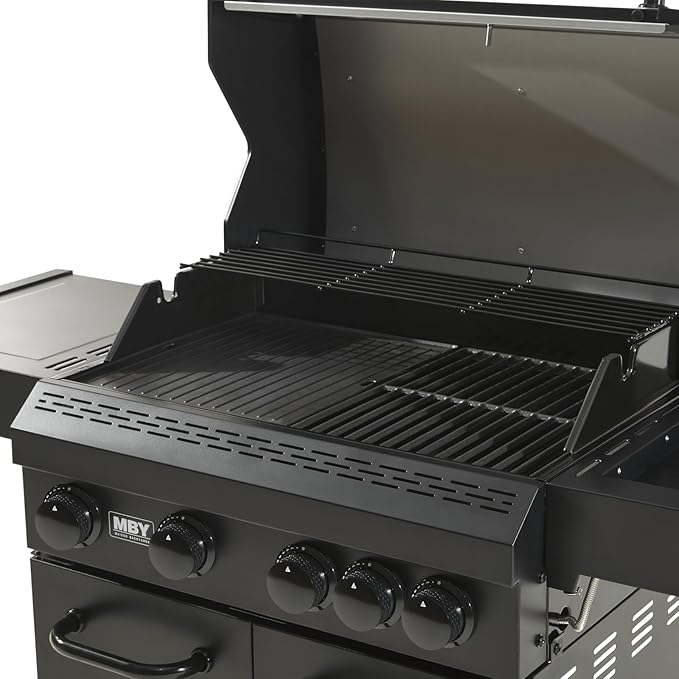 4 Burner Gas Grill Cast Iron Griddle Grill Combo, BBQ Propane Grills with Side Burner 50000BTU Heavy Duty Barbucue Grill With Cover, Black