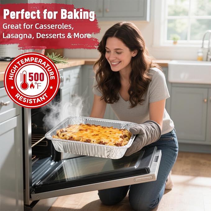 Aluminum Pans Half Size, 9x13, Heavy Duty Disposable Foil Pans for Baking, Roasting, Cooking, Heating, Storing, Deep Tin Foil Bakeware for Oven, Steam Table Tray, Cookware, Food Prepping (60 Pack)