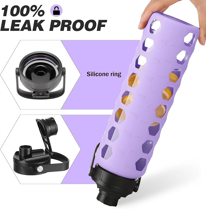 MUKOKO Glass Water Bottles, 32oz Glass Tumbler with Straw, Drinking Bottles with 2 Lids-Handle Spout Lid&Bamboo Straw Lid, Motivational Water Bottle with Time Marker and Silicone Sleeve, 1 Pack-Purple