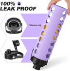 MUKOKO Glass Water Bottles, 32oz Glass Tumbler with Straw, Drinking Bottles with 2 Lids-Handle Spout Lid&Bamboo Straw Lid, Motivational Water Bottle with Time Marker and Silicone Sleeve, 1 Pack-Purple