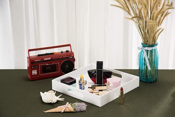 Glossy White Sturdy Acrylic Serving Tray with Handles-12x12Inch-Serving Coffee,Appetizer,Breakfast,Butler-Kitchen Countertop -Cosmetics Organizer-Vanity Table Tray-Ottoman Tray-Decorative