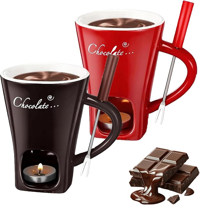 Chocolate Melting Mug With Candle, Ceramic Fondue Mug Meltie Cup, Melting Love Cup, Ideal Gifts For Christmas, Birthday, Wedding (Brown+Red)
