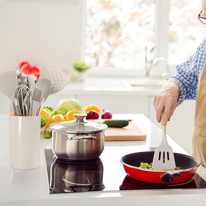 LIANYU 15-Piece Kitchen Cooking Utensils Set with Holder, Silicone Cooking Utensils Include Spatula Tong Slotted Spoon Turner Whisk Brush, Wooden Handle Kitchen Tools for Nonstick Cookware, Khaki