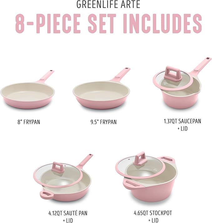 GreenLife 8 Piece Ceramic Nonstick Cookware Set, Induction Suitable Non Toxic PFAS-Free Pots & Pans, Dishwasher Safe, Cooking Set, Stock Pot, Saucepans & Frying Pans, Kitchen Cooking, Light Pink