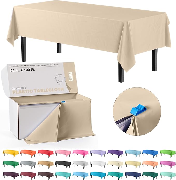 Exquisite Party Solids 54 Inch X 100 Feet Ivory Plastic Table Cover Roll in A Cut - to - Size Box with Convenient Slide Cutter. Cuts Up to 12 Rectangle 8 Feet Plastic Disposable Tablecloths