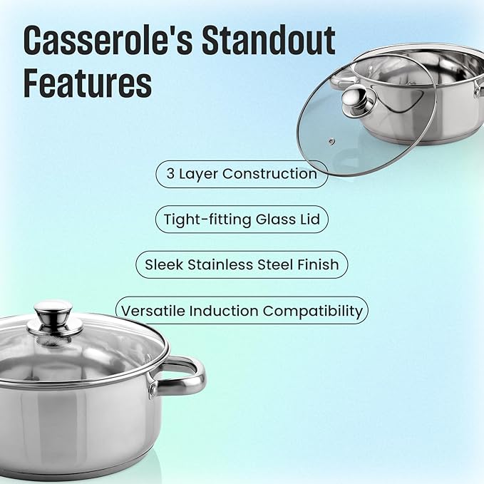 MARBELLA 4 Quart Stainless Steel Stockpot with Glass Lid – Heavy Duty Casserole for Stew, Soup, Induction, Gas & Dishwasher Safe (Silver)