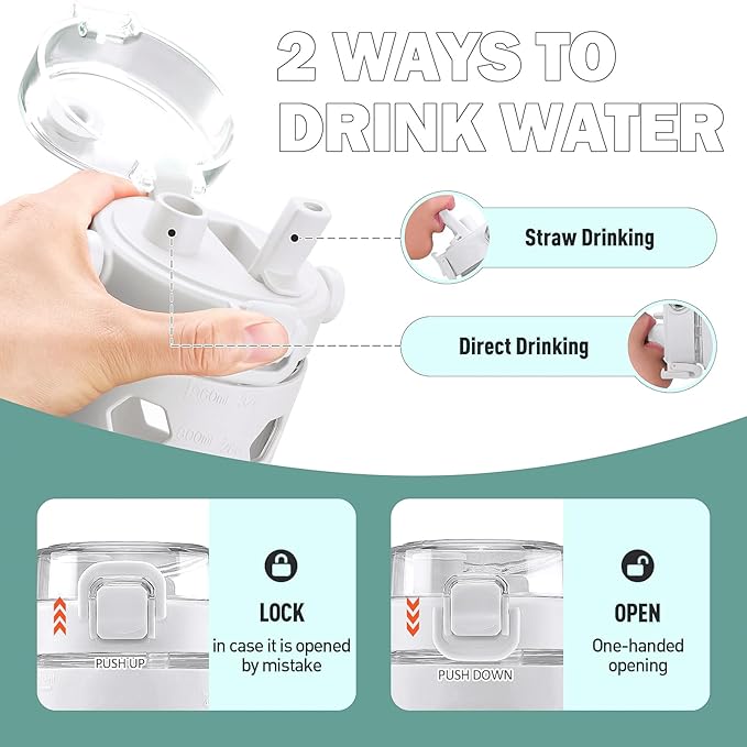 MUKOKO 32 oz Glass Tumbler with Straw,Glass Water Bottles with Time Marker,Iced Coffee Cup with Silicone Sleeve,Motivational Drinking Bottles,Leakproof-White