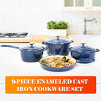 Ceramic Coated Cast Iron Cookware Set, 9-Piece Enameled Dutch Oven and Skillet Set with Lids, Nonstick Pots and Pans Set for Bread Baking, Oven Safe, Induction Compatible, PFAS-Free (Navy Blue)