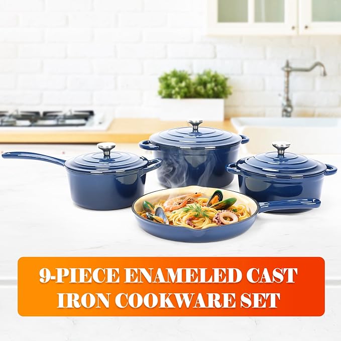 Ceramic Coated Cast Iron Cookware Set, 9-Piece Enameled Dutch Oven and Skillet Set with Lids, Nonstick Pots and Pans Set for Bread Baking, Oven Safe, Induction Compatible, PFAS-Free (Navy Blue)