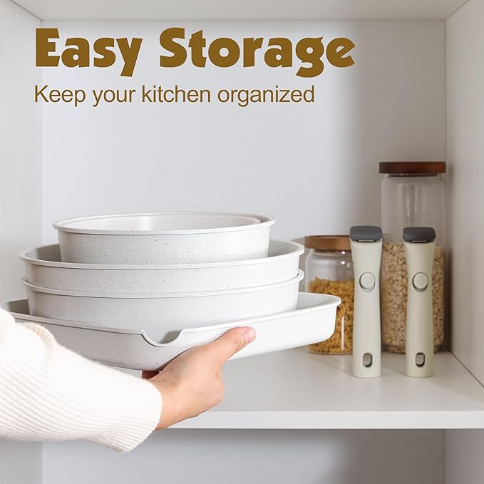 SENSARTE 17 Piece Pots and Pans Set, Nonstick Detachable Handle Cookware Set, Induction Kitchen Cookware Set with Removable Handle, Healthy Non Stick for RV, Dishwasher ＆ Oven Safe, PFOA Free (White)