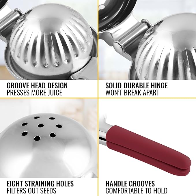 Zulay Lemon Squeezer Stainless Steel with Premium Heavy Duty Solid Metal Squeezer Bowl and Food Grade Silicone Handles - Large Manual Citrus Press Juicer and Lime Squeezer Stainless Steel (Cranberry)