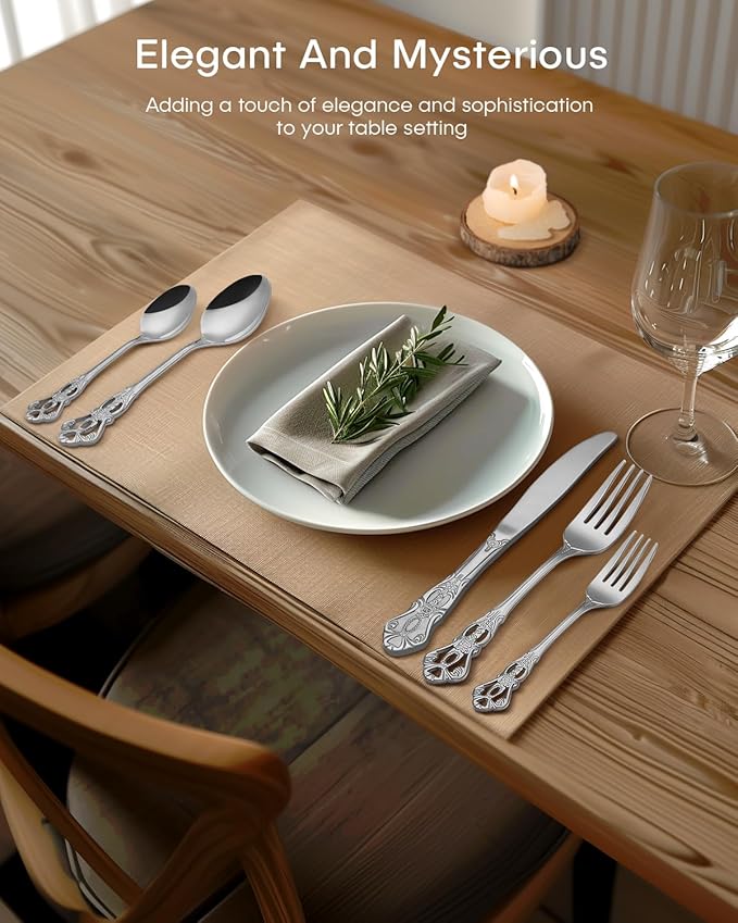 48 Pieces Retro Silverware Set for 8, Food-Grade Stainless Steel Cutlery Flatware Set with Forks Spoons Knives Set, Mirror Polished Tableware Eating Utensils Set,Dishwasher Safe