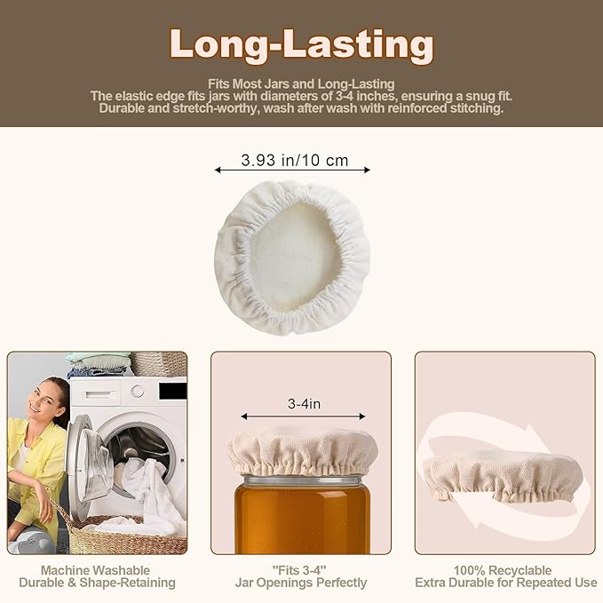 Pure Cotton Sourdough Jar Cover, Pack of 5,Breathable & Reusable Dough Proofing Cloth,Suitable for Jars with 3-4 Inch Mouth Lids