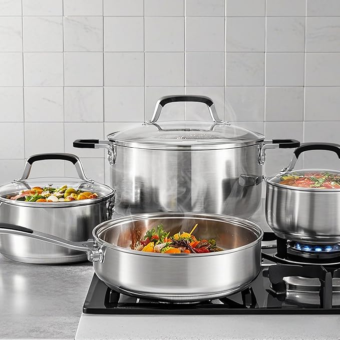 Stainless Steel Pots and Pans Set, 8 Pcs Non Toxic Cookware Set 5 Ply Base, Kitchen Pots Set, Induction Pans Set, Non Toxic 18/8 Dishwasher Safe