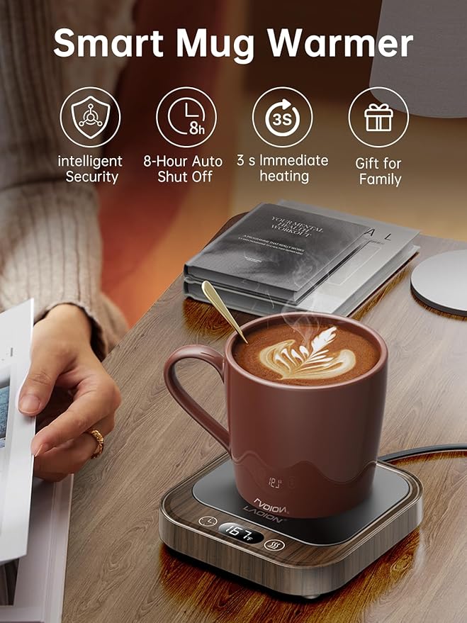 Mug Warmer - 40W Coffee Cup Warmer for Desk with Auto Shut Off, Smart Electric Candle Warmer with 4 Temp & Time Settings, Coffee Gifts for Beverage, Tea, Water, Milk in Home & Office (Wood)