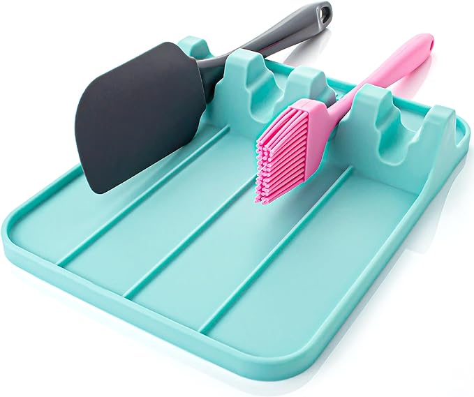 Silicone Spoon Rest for Multiple Utensils, Heat Resistant Utensil Rest for Stovetop, BPA-free Kitchen Utensil Holder with Drip Pad (Red)