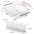 Large Dish Drainer Rack in Sink Adjustable, Expandable 304 Stainless Steel Metal Dish Drying Rack Organizer with Stainless Steel Utensil Holder Over Inside Sink Counter, Rustproof