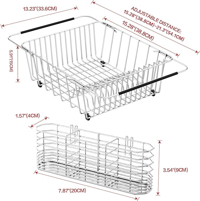 Large Dish Drainer Rack in Sink Adjustable, Expandable 304 Stainless Steel Metal Dish Drying Rack Organizer with Stainless Steel Utensil Holder Over Inside Sink Counter, Rustproof