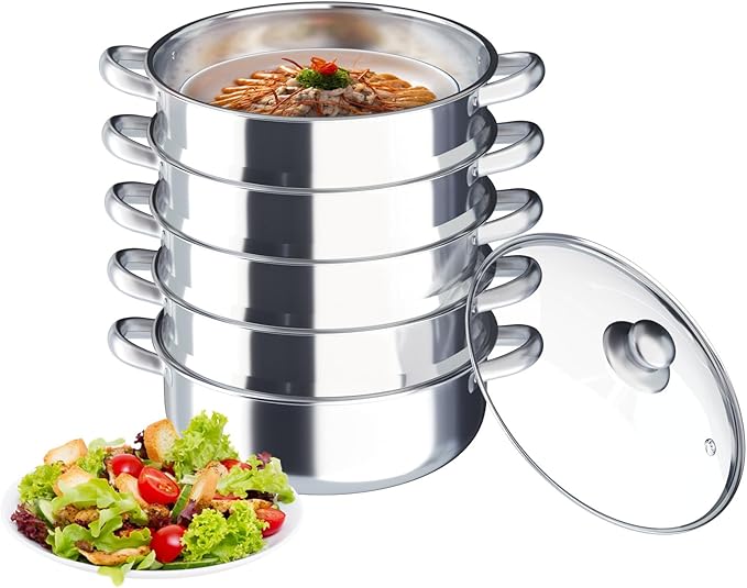 5-Tier Stainless Steel Steamer Cookware Pot with Kitchen Steaming Cookware with Lid Gas Electric Stove Steamer Pot for Kitchen, Home, And Commercial Use