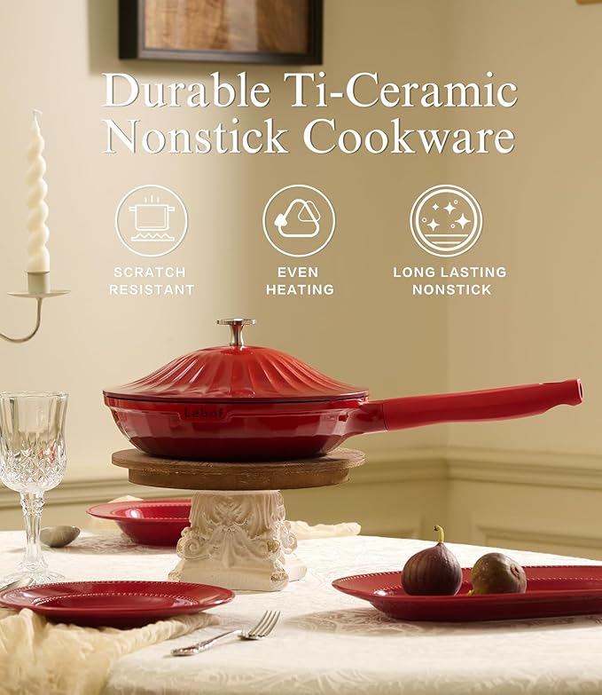 Nonstick Ceramic Cookware Set (7 Piece)–Titanium Cast Aluminum Pots and Pans Set with Lids, Non Toxic PFAS-Free Compatible with All Stovetops–Merlot Velvet