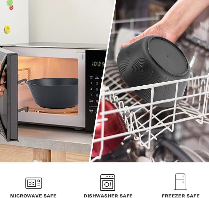 36 oz Large Cereal Bowls Set of 6, Alternative to Plastic Popcorn Bowls Reusable, Unbreakable Wheat Straw Bowls, Microwave Safe Large Cereal Bowl for Kitchen, Serving, Camping(Black)