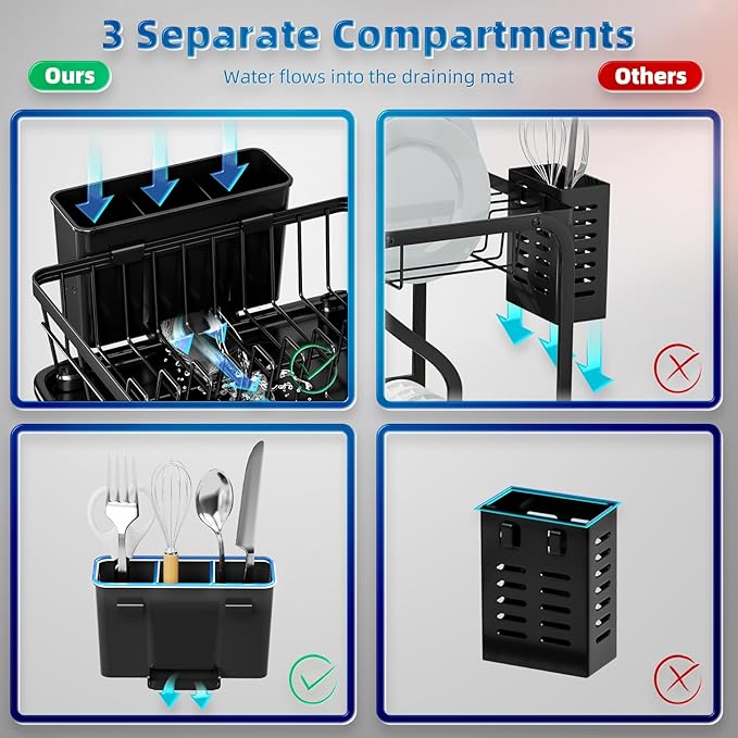 Dish Drying Rack, Space-Saving Dish Rack, Dish Racks for Kitchen Counter, Kitchen Dish Drainers with Removable Utensil Holder, Plate Rack and Drainboard, 11''W x 15''L, Black