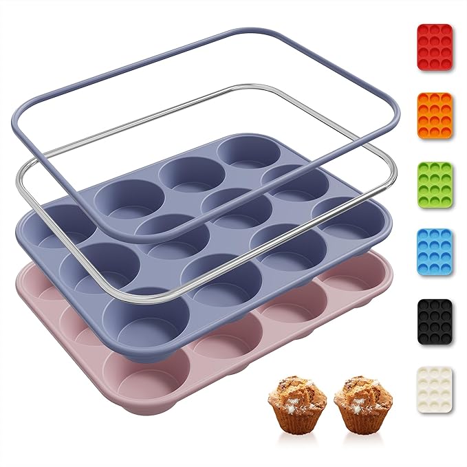 2 Pack 12 Cups Silicone Muffin Pan with Metal Reinforced Frame Regular Size Silicone Molds Cupcake Cake Baking Pans Baking Mold Best Baking Pans Tart Pan Sheet Set Reusable Cupcake Liners