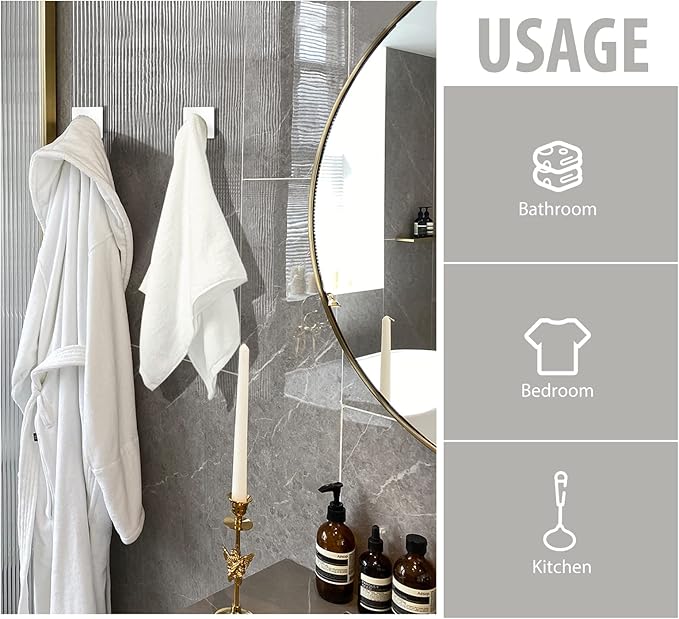 VIS'V Adhesive Towel Hooks, Waterproof Shower Wall Stick on Hooks, 2 Extra Adhesive Strips, White, 4 Pcs