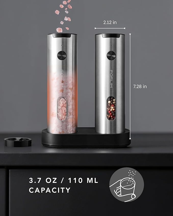 FORLIM Electric Salt and Pepper Grinder Set Rechargeable, Auto Salt and Pepper Grinder set with Charging Base, Adjustable Coarseness, LED Light, Automatic Salt Grinder Refillable,Pepper Shakers Set