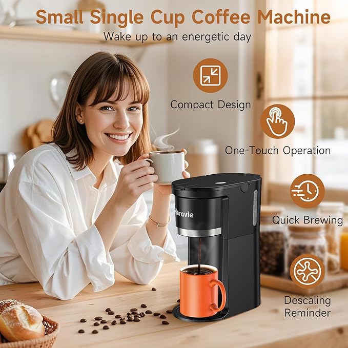 Small Single Serve Coffee Maker, Fast Brew One Cup Coffee Machine for K Cup and Grounds, 6 to 12 oz. Brew Sizes, Capsule Coffee Machine with Descaling Reminder and Viewing Tank, Black