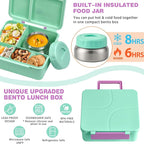 Bento Lunch Box with 9.5 oz Soup Thermo, Kids Leakproof 4 Compartments Bento Box with Silicone Cupcake,Fruit Fork,Spoon and Sauce Cup,Insulated Food Jar for School Travel-Green