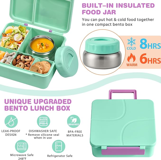 Bento Lunch Box with 9.5 oz Soup Thermo, Kids Leakproof 4 Compartments Bento Box with Silicone Cupcake,Fruit Fork,Spoon and Sauce Cup,Insulated Food Jar for School Travel-Green